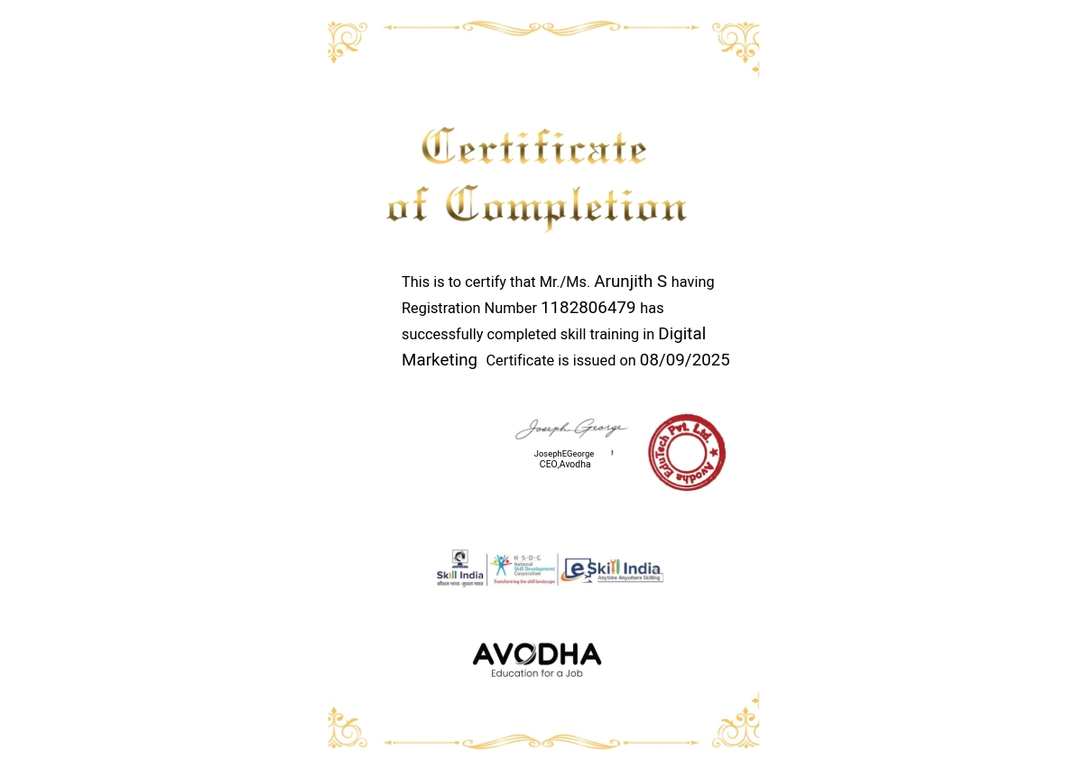 Arun Jith certified in Digital Marketing by Avodha, supporting his work as a freelance digital marketer.