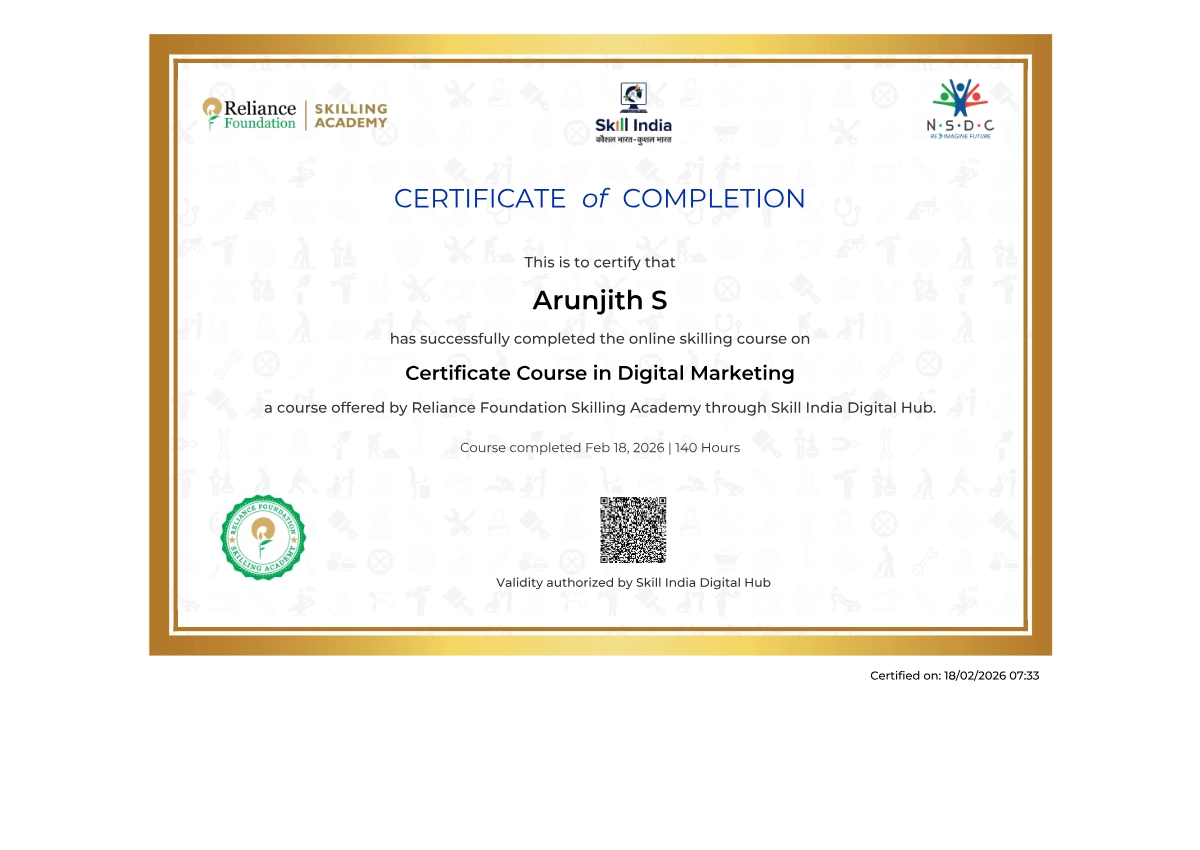 NSDC certified digital marketing training completed by Arun Jith, digital marketer in Kerala.