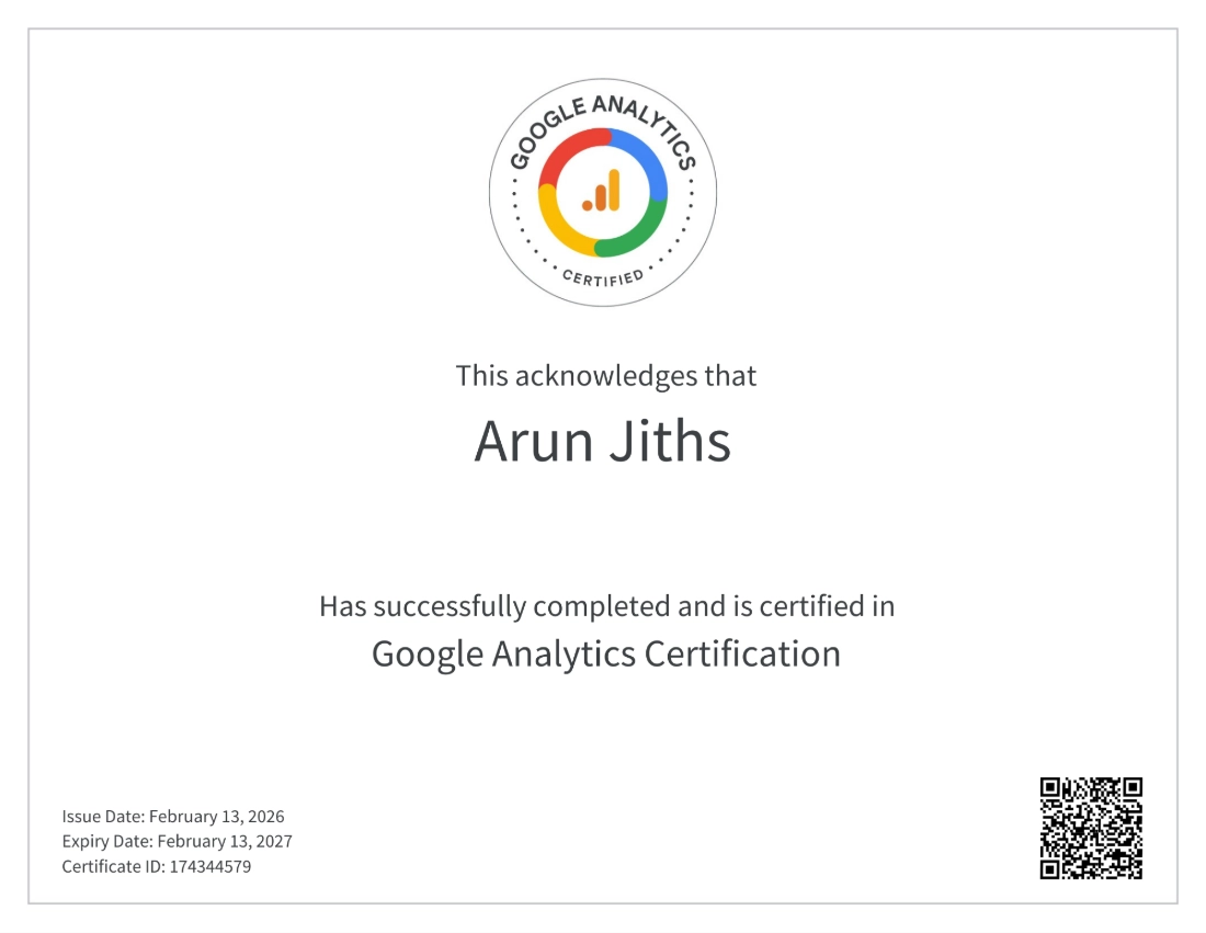 Google Analytics certified professional Arun Jith, freelance digital marketer focused on data insights.