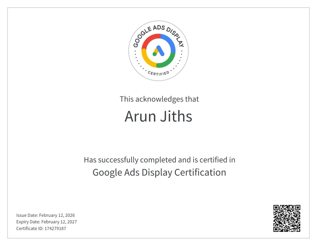 Google Ads Display certification earned by Arun Jith, digital marketing expert in performance advertising.