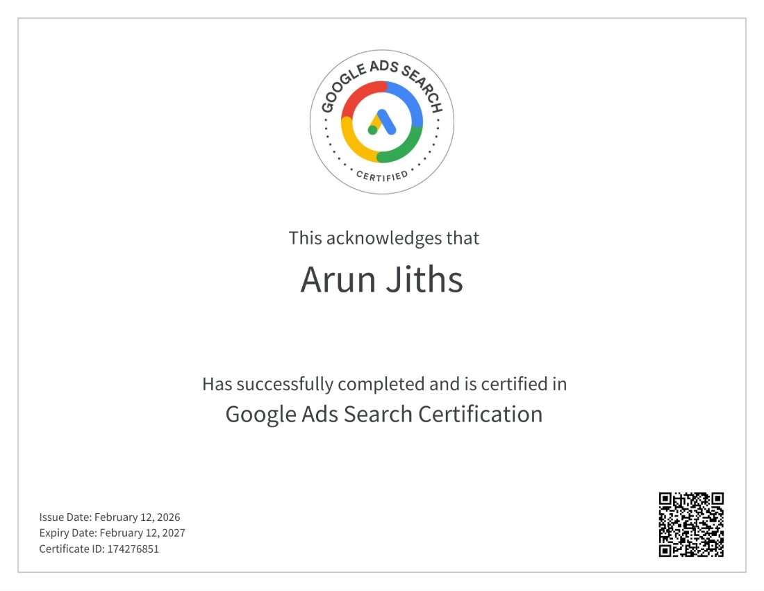Google Ads Search certified Arun Jith, helping businesses grow through paid search strategies.