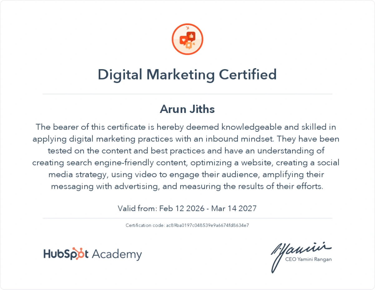 HubSpot Digital Marketing certified Arun Jith, digital marketer in Kerala with inbound strategy skills.